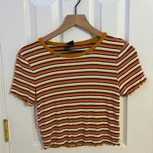 Wild Fable, Large Crop top. Striped, mustar, salmon, brown, creme, blue.